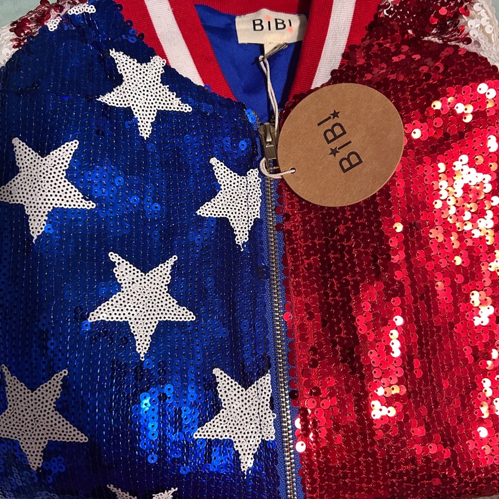BiBi US Flag Theme Color Block Sequin Bomber Jacket - Picture 8 of 14